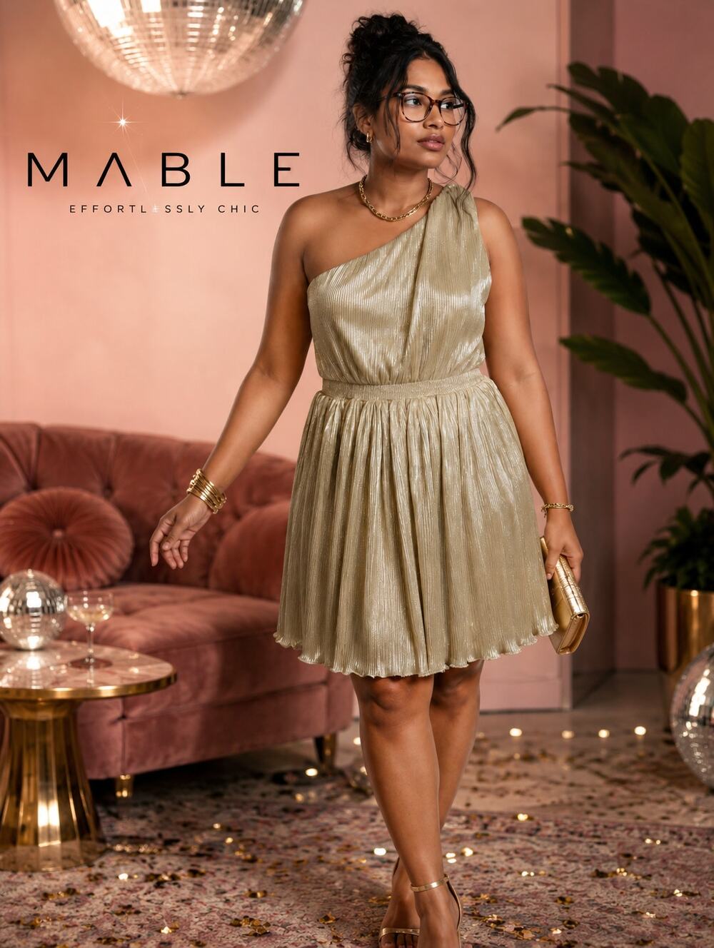 MABLE Gold Metallic One Shoulder Pleated Mini Dress Size Large